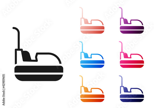 Black Bumper car icon isolated on white background. Amusement park. Childrens entertainment playground, recreation park. Set icons colorful. Vector