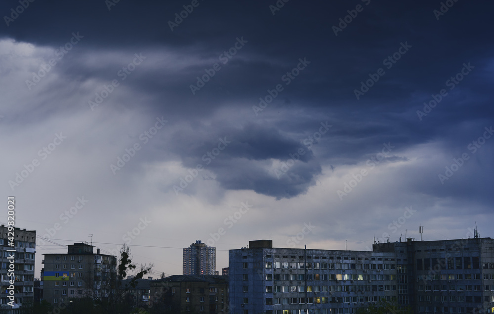 Sunset, storm clouds over the city. Kiev, Ukraine.