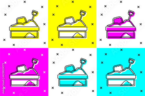 Set Sandbox with sand icon isolated on color background. Vector
