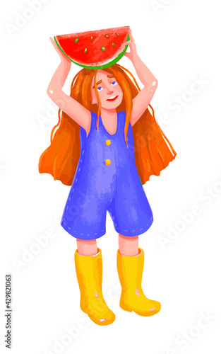 Little redheaded girl with a watermelon on a white background 