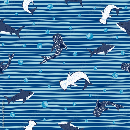 Seamless pattern sharks on white blue striped background. Cute print with Hammerhead, Whale, White shark and bubbles.