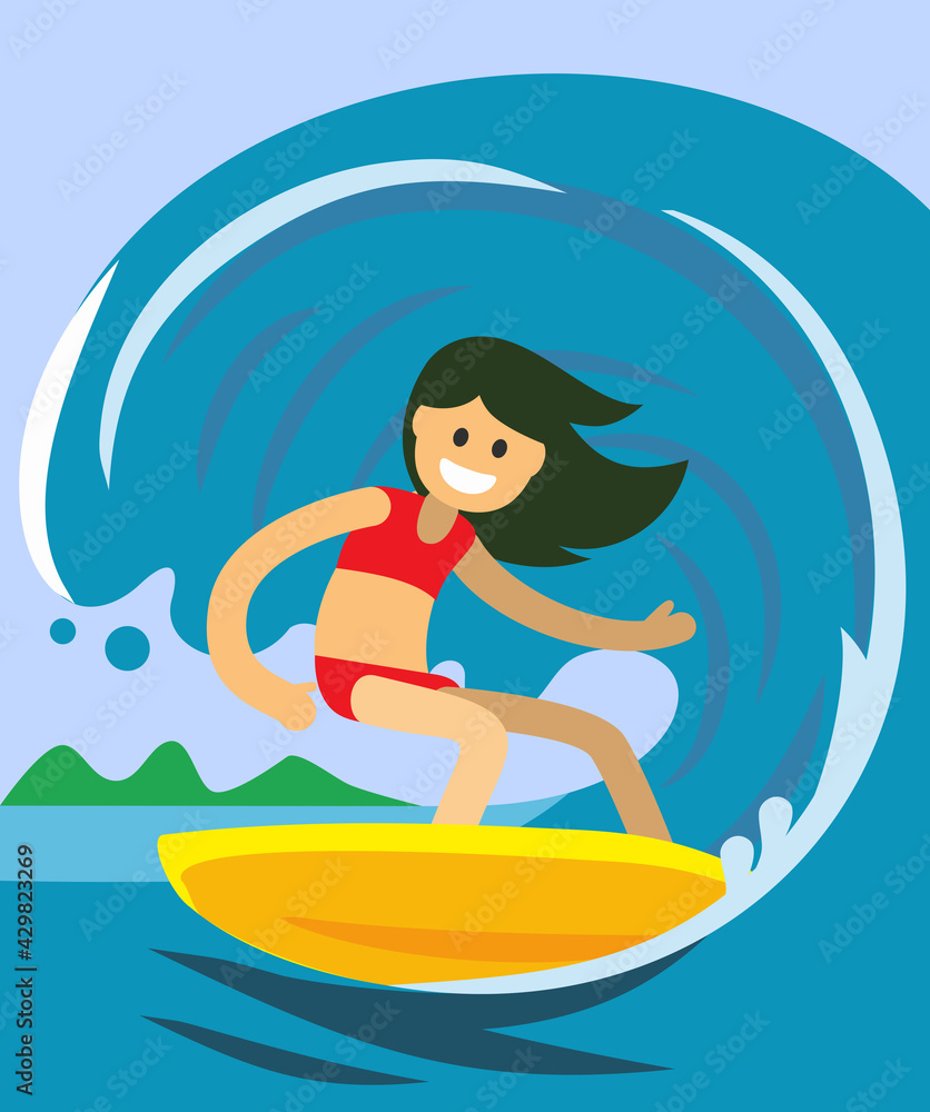 Surf girl with surfboard riding wave. Vector cartoon