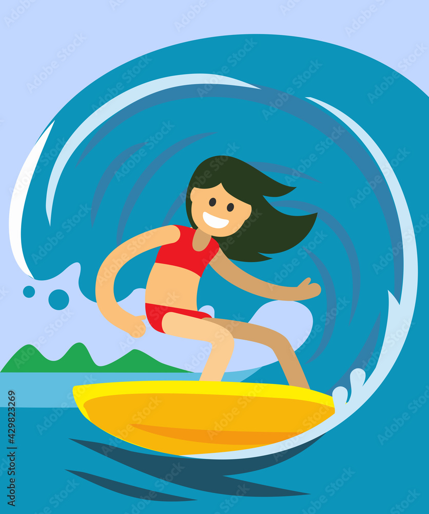 Surf girl with surfboard riding wave. Vector cartoon Surf girl with surfboard riding wave. Vector cartoon