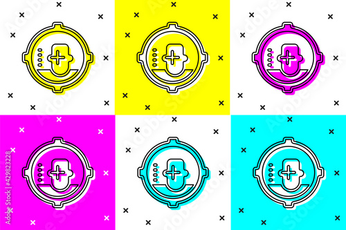 Set Headshot icon isolated on color background. Sniper and marksman is shooting on the head of man, lethal attack, assault and assassination. Vector