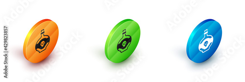 Isometric Poison in bottle icon isolated on white background. Bottle of poison or poisonous chemical toxin. Circle button. Vector