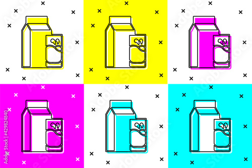 Set Paper package for kefir and glass icon isolated on color background. Dieting food for healthy lifestyle and probiotics fulfillment. Vector