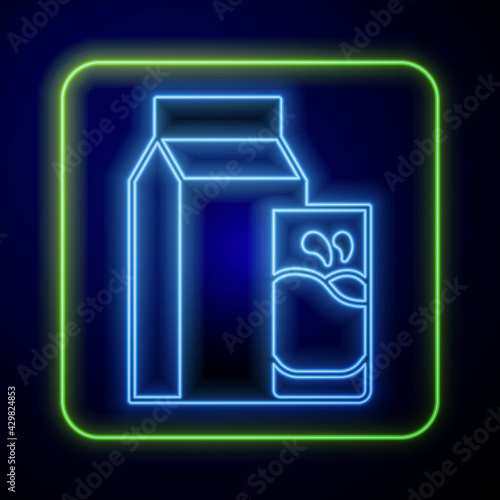 Glowing neon Paper package for kefir and glass icon isolated on blue background. Dieting food for healthy lifestyle and probiotics fulfillment. Vector