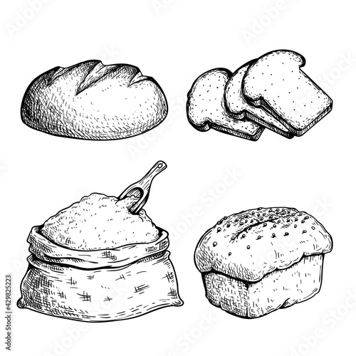 Hand drawn sketch style bread set. Bun, loaf, sliced bread and flour bag with a wooden spoon. Organic food. Fresh daily bakery products. Vector illustrations.