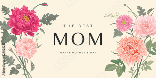 Mother's day poster or banner with hand drawn flowers on light background. Vector illustration