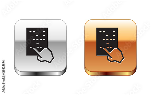 Black Braille icon isolated on white background. Finger drives on points. Writing signs system for blind or visually impaired people. Silver and gold square buttons. Vector