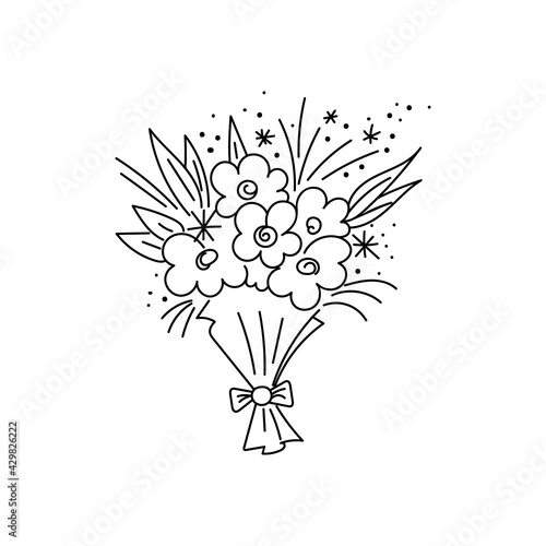 Hand drawn bouquet with flowers, decorated with dots, twigs, bow. Doodle drawing style, minimalism, scetch. Isolated. Holiday vector illustration