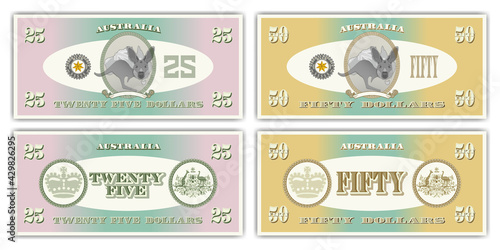 Fictional paper money of Australia. Obverse and reverse of 25 and 50 dollar banknotes. Cartoon kangaroo in an oval, a coat of arms from thin lines and ribbon