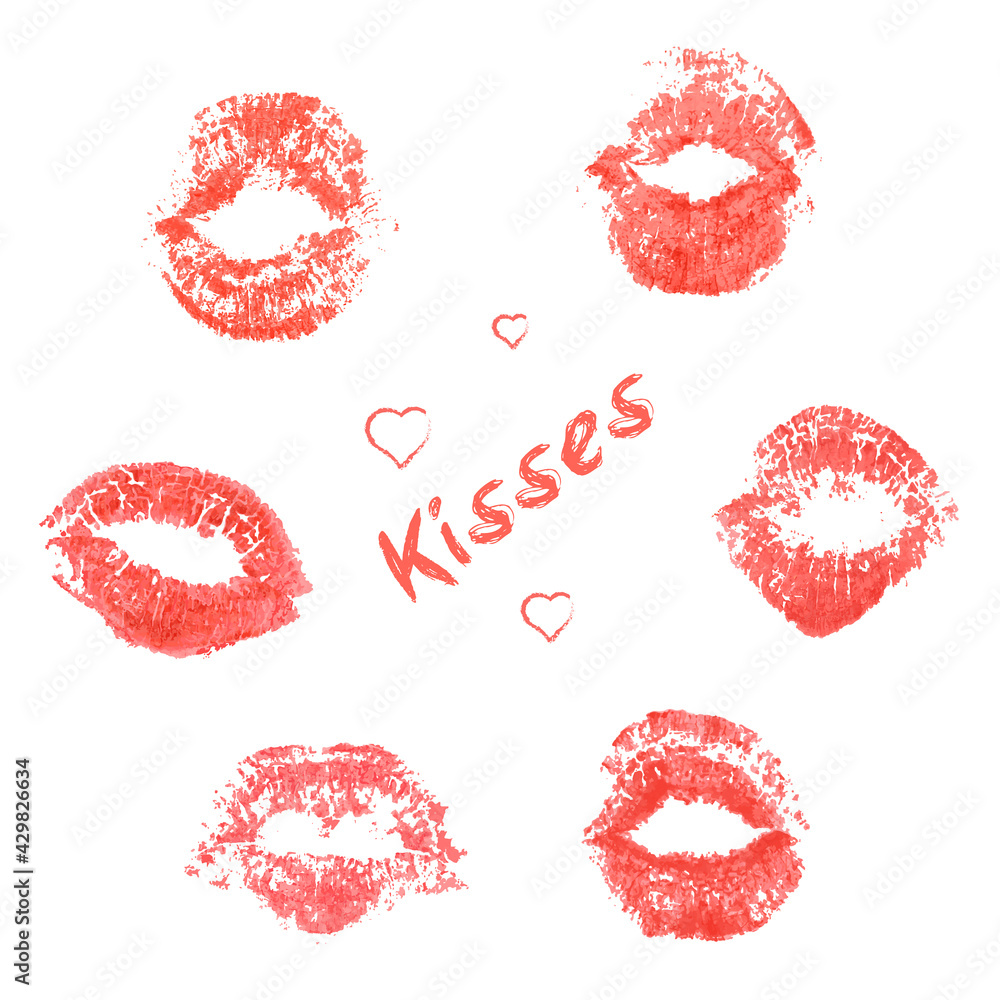 Fototapeta premium Set of prints of female mouths. Traces of red women's lipstick. Kisses, romantic decorations for Valentine's Day. Isolated. Holiday vector illustration