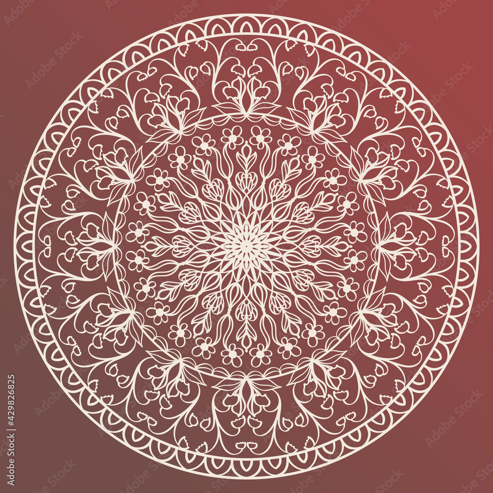 Mandala. Isolated circular ornament in white on a brown background. A delicate ethnic pattern for your design. Oriental and Asian motif as a template for tattoos and henna designs. Vector anti-stress. Mandala. Isolated circular ornament in white on a brown background. A delicate ethnic pattern for your design. Oriental and Asian motif as a template for tattoos and henna designs. Vector anti-stress.