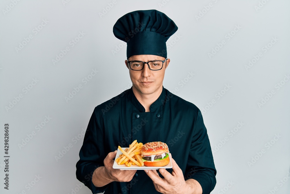 Handsome young man chef holding burger with fries skeptic and nervous, frowning upset because of problem. negative person. Handsome young man chef holding burger with fries skeptic and nervous, frowning upset because of problem. negative person.