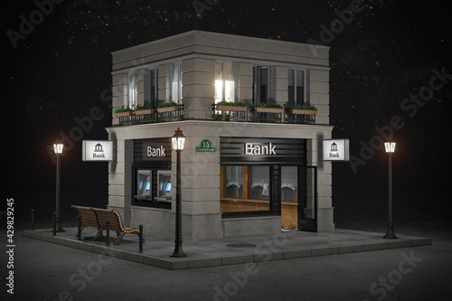 Bank branch office building at night.