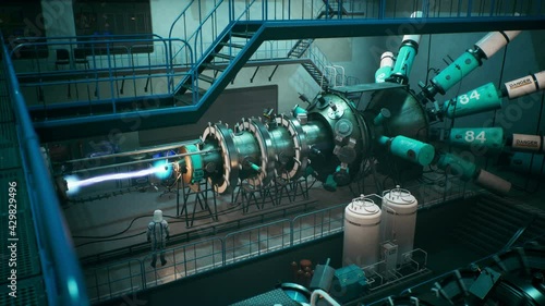 Scientists watch the work of a time machine or a futuristic thermonuclear reactor. The animation is for fantastic, the futuristic or scientific backgrounds. A physicist controls a time machine. photo