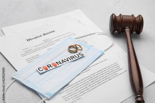 Judge's gavel with rings, word CORONAVIRUS and mask on light background photo