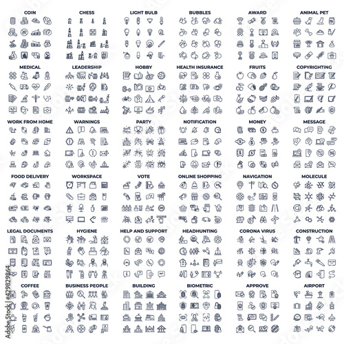 576 modern thin line icons. High quality pictograms. Linear icons set of Legal Documents, medical, Message, Molecule, etc symbol template for graphic and web design collection logo vector illustration