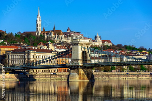 Hungary, spring cityscape of Budapest, Chain Bridge on the background of the Fisherman's Bastion © ArturSniezhyn