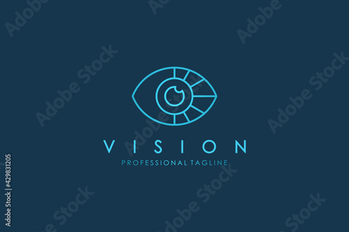 Abstract Eye Vision Logo. Blue Linear Geometric with Sunburst Rays isolated on Blue Background. Usable for Business and Technology Logos. Flat Vector Logo Design Template Element.
