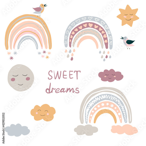 Vector clip art. Scandi rainbows, clouds, moon. Trendy colors. Nursery prints, illustrations, stickers