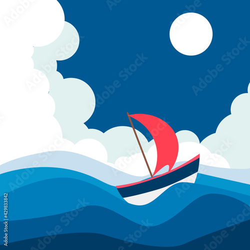 Boat at sea at night drawn vector minimalist design EPS10