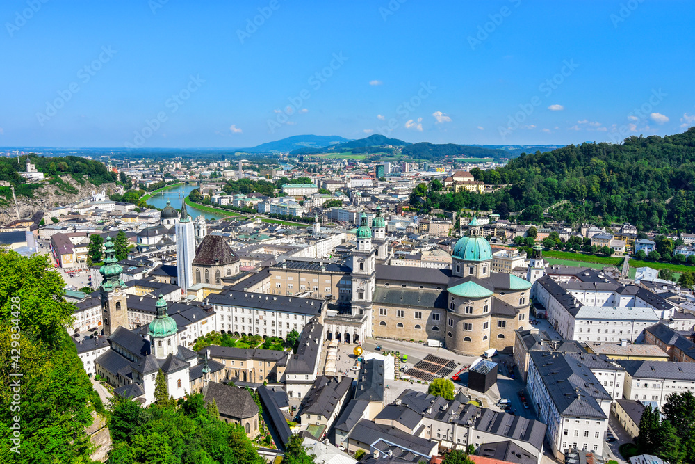Beautiful panoramic view in summer season of cityscape at historic city of Salzburg with iconic Salzburg Cathedral
