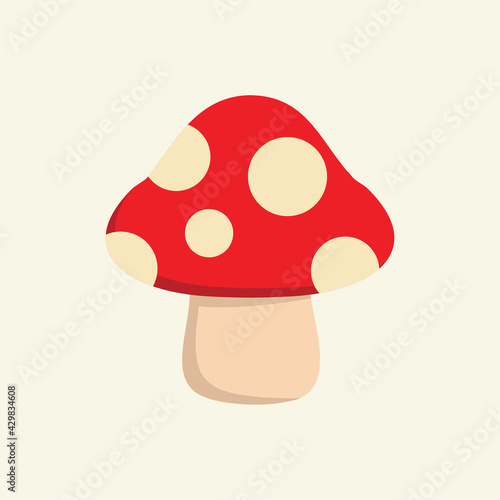 mushroom flat design vector illustration, Red mushroom symbol,Amanita poisonous mushroom. Vector illustration flat design. Isolated on background. Red mushroom with white dots. Toxic poisoned food.