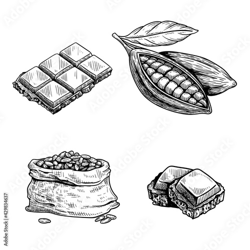 Cocoa and chocolate set. Hand drawn sketch drawings. Chocolate bar and pieces, cocoa pod and cocoa beans bag. Retro style vector illustrations collection.