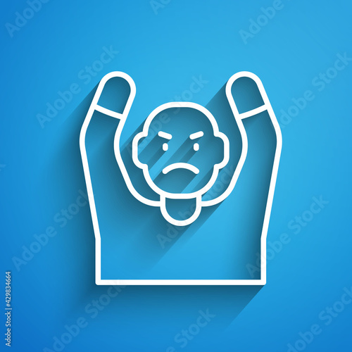 White line Thief surrendering hands up icon isolated on blue background. Man surrendering with both hands raised in air. Long shadow. Vector
