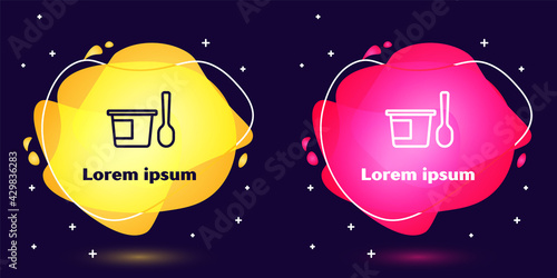 Set line Yogurt container with spoon icon isolated on blue background. Yogurt in plastic cup. Abstract banner with liquid shapes. Vector