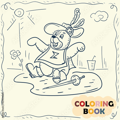 Coloring Book for Young Children Contour illustration in doodle style Teddy Bear toy in Musketeer costume sitting next to a weapon rapier