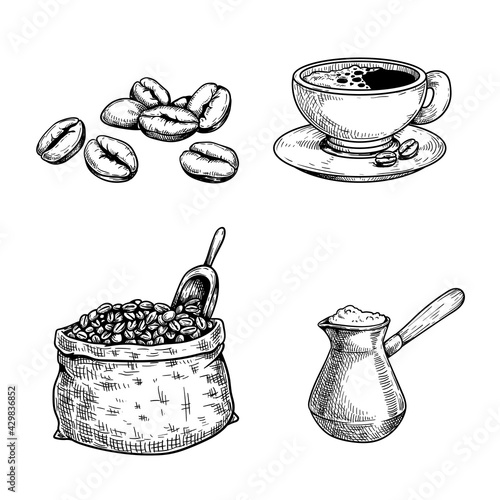 Sketch coffee set. Coffee beans and bag with spoon, cup of coffee, turkish coffee maker cezve. Hand drawn illustrations. Isolated on white background.