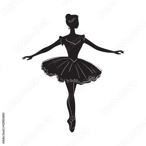 Hand drawing black silhouette Ballerina. Dancer in tutu and pointe shoes.Vector Line isolated drawing illustration.Woman Dancer is jumping.