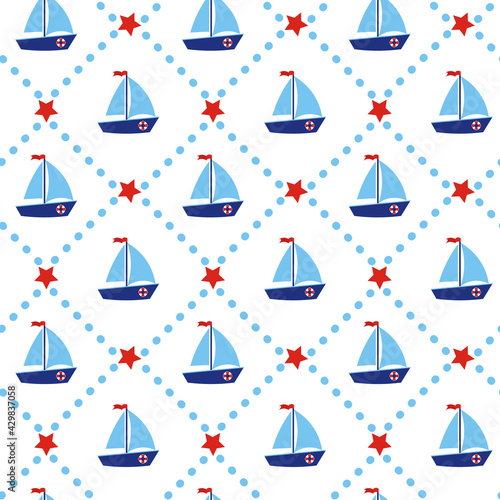 Boat seamless pattern with red stars and strips. Nautical maritime yacht silhouette. Geometric blue print for baby shower, scrapbooking. Colour illustration. ration