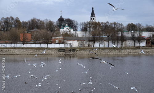 View on Seraya river and Aleksandrovskaya Sloboda in spring, Aleksandrov, Vladimir Region, Russia photo