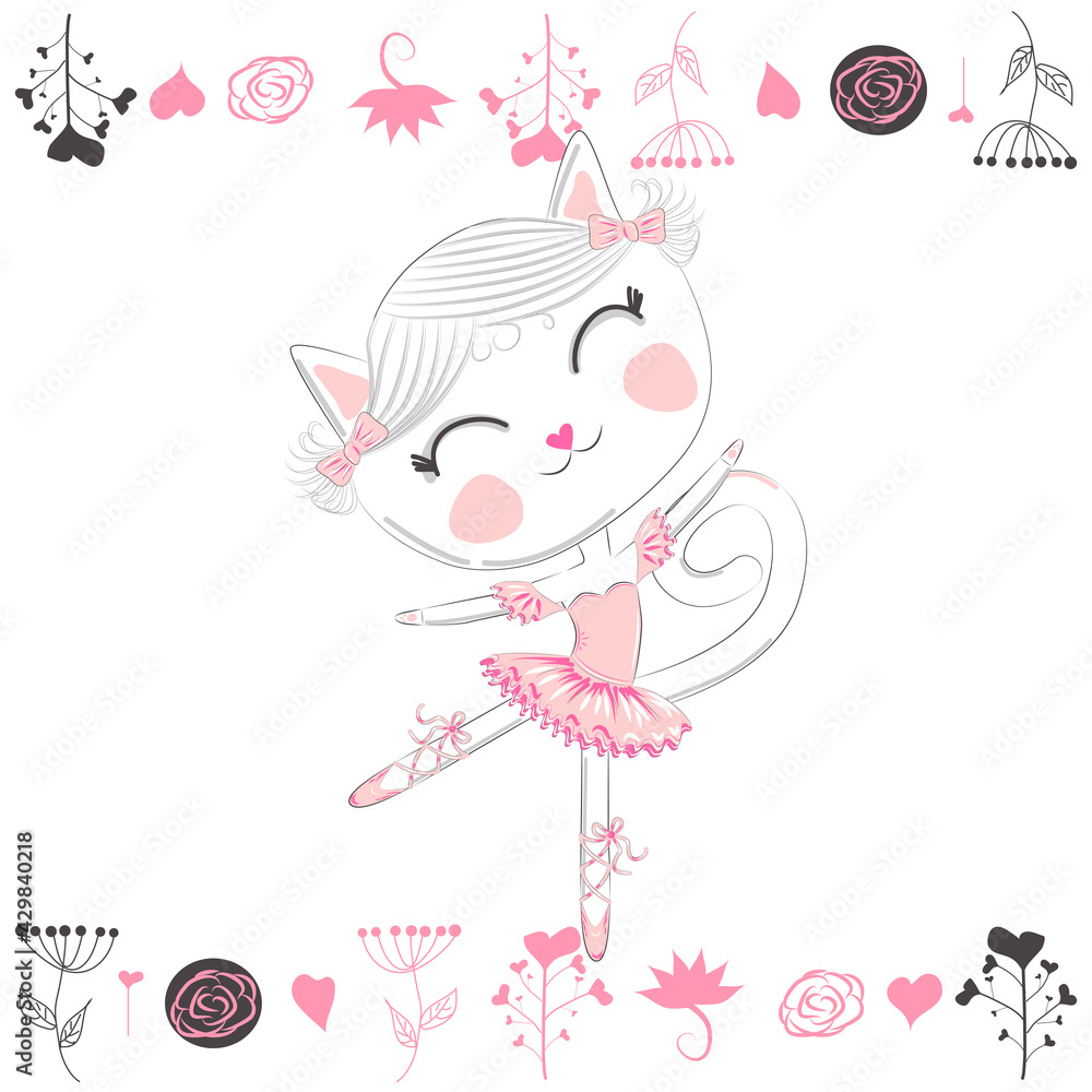 Obraz premium Cute dancing cat ballerina in tutu. Cartoon hand drawn.
