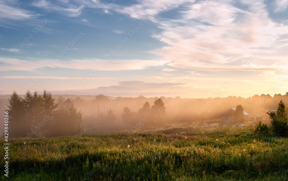 Obraz premium foggy morning in a rural landscape. wooden village houses in fog and sunbeams