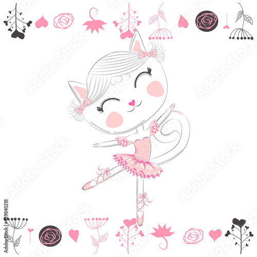 Cute dancing cat ballerina in tutu. Cartoon hand drawn.