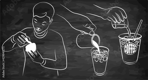 Outline drawing set of barista making a coffee isolated on chalkboard. Line art cup of iced latte, milk, espresso pouring, sketch man making a drink. Cafe label, menu, blackboard. Vector illustration.