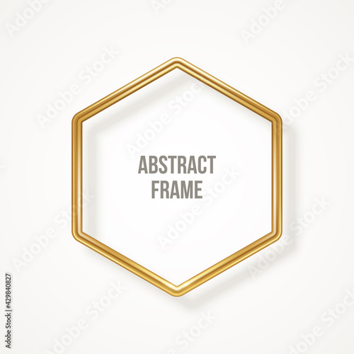 Hexagon luxury 3d gold frame isolated on the white background. Vector illustration. Wedding label, modern badge, bronze metallic wire speech bubble for motivational quotes, luxury realistic border
