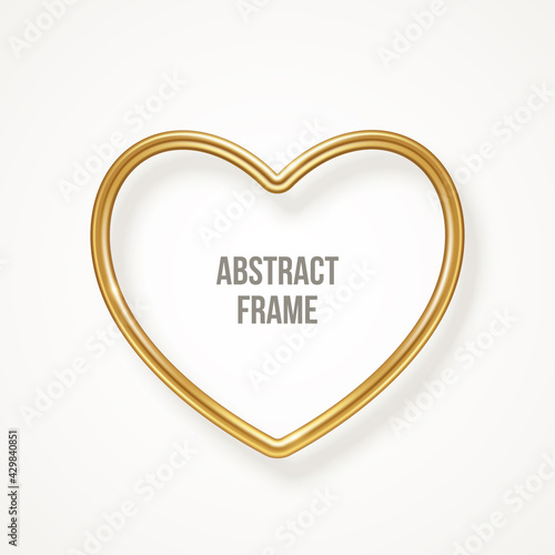Golden heart frame isolated on white background. Vector illustration. Gold 3d love label, modern badge, bronze metallic bubble for greeting text, luxury Happy Valentine's day border