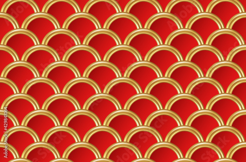 Chinese New year traditional seamless pattern. Golden geometric cloud abstract shapes on red background. Vector illustration. Asian Mid Autumn Festival oriental backdrop