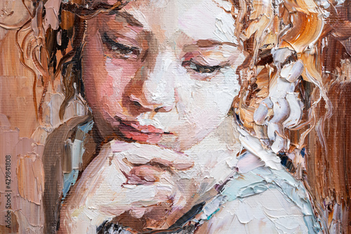 Fototapeta Naklejka Na Ścianę i Meble -  Fragment of a portrait of a young, dreamy girl . The oil painting is created in oil with expressive strokes.