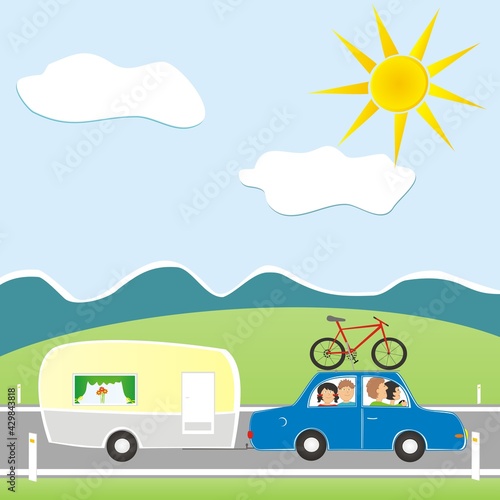 people  at car with trailer, at background field and mountain with sky,  vector illustration © janista
