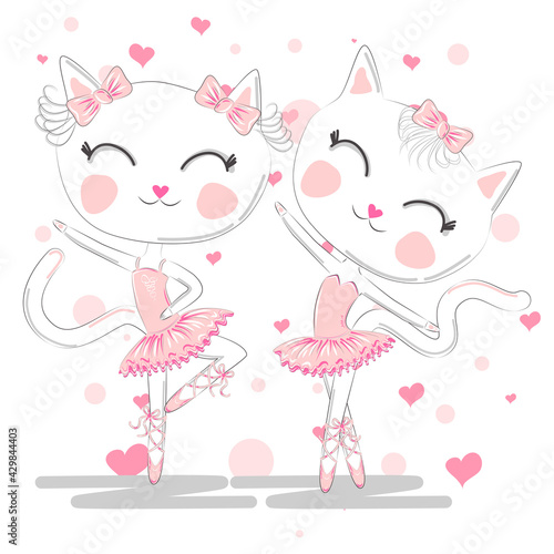 Happy cat girl in ballet costume dance on a piano on polka dot background illustration vector.