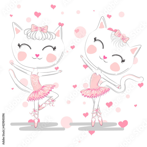 Happy cat girl in ballet costume dance on a piano on polka dot background illustration vector.