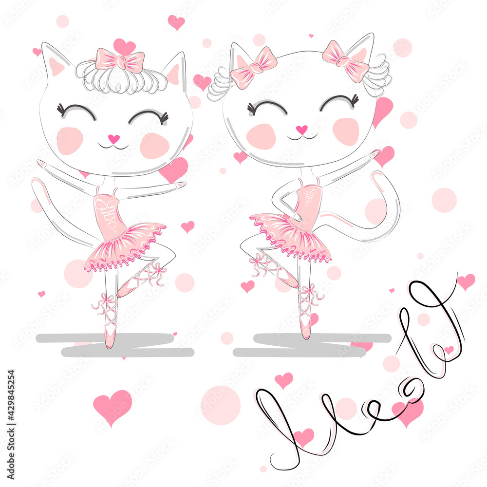 cute white cartoon cat in ballet tutu, kitty girl in a pink skirt cute white cartoon cat in ballet tutu, kitty girl in a pink skirt