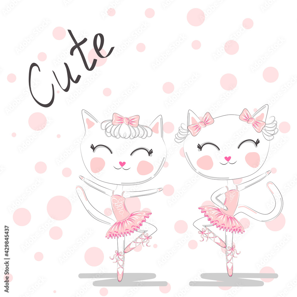 Cute dancing cat in a pink dress on blue background. Ballerina love dancing. Cute dancing cat in a pink dress on blue background. Ballerina love dancing.